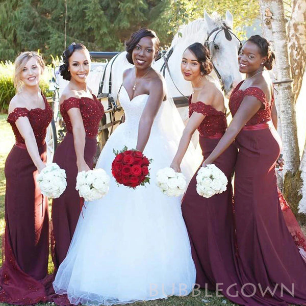 Mermaid Burgundy Off Shoulder Appliques Long Custom Bridesmaid Dresses, BGB0142