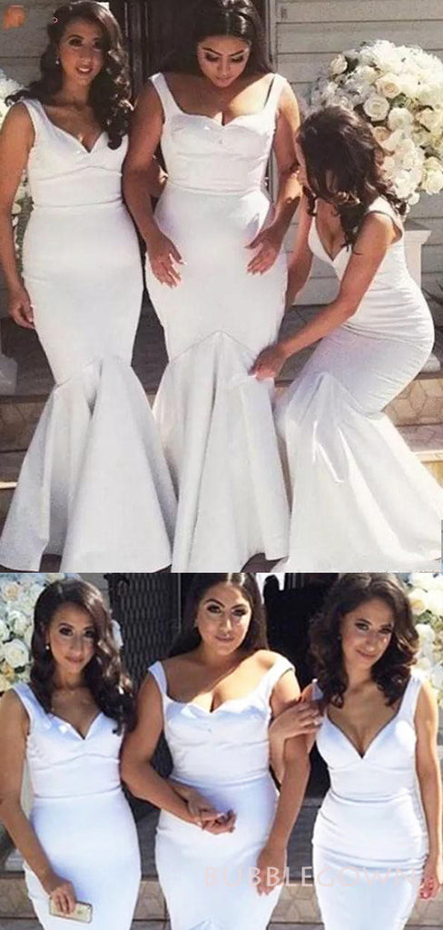 V-neck White Mermaid Long Custom Bridesmaid Dresses, BGB0144