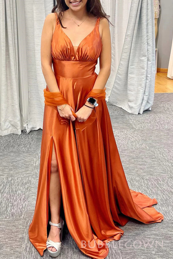 Burnt Orange Satin A-line Long Custom V-neck Bridesmaid Dresses, BGB0150