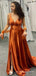 Burnt Orange Satin A-line Long Custom V-neck Bridesmaid Dresses, BGB0150