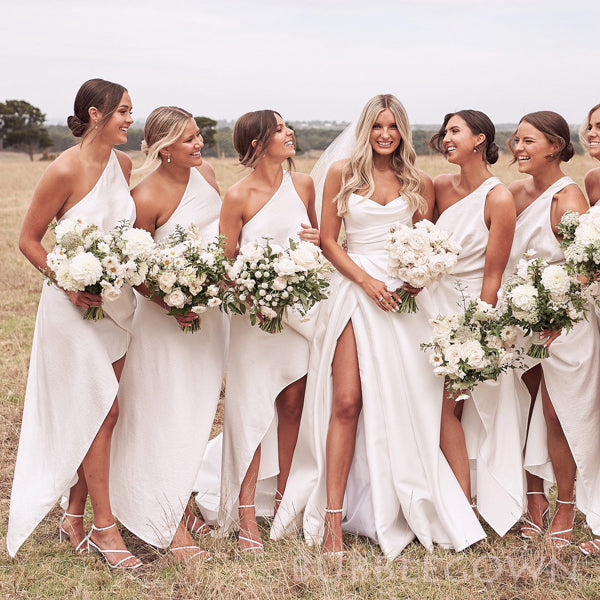 Unique White One Shoulder Long Custom High Slit Bridesmaid Dresses, BGB0153