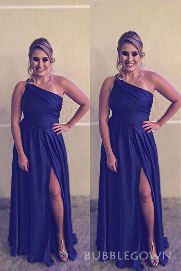 Simple Navy Blue A-line Long Custom Side Slit Bridesmaid Dresses, BGB0159