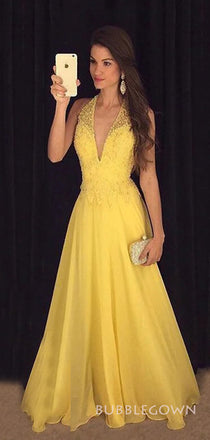 A-line Yellow V-neck Long Evening Prom Dresses, Custom Prom Dresses, BGS0259