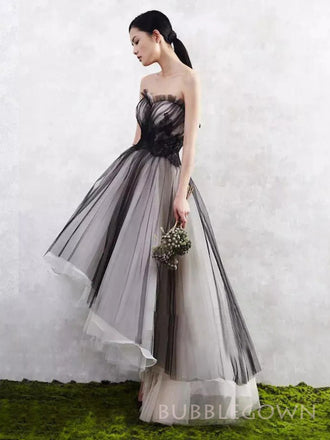 A-line Black Tulle Strapless Long Evening Prom Dresses, Custom High-low Prom Dresses, BGS0260
