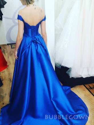 Formal Royal Blue Satin Appliques Long Evening Prom Dresses, Custom A-line Prom Dresses, BGS0278
