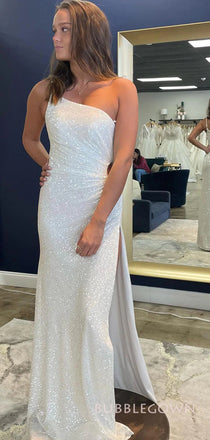 One Shoulder White Sequins Mermaid Side Slit Long Evening Prom Dresses, BGS0293