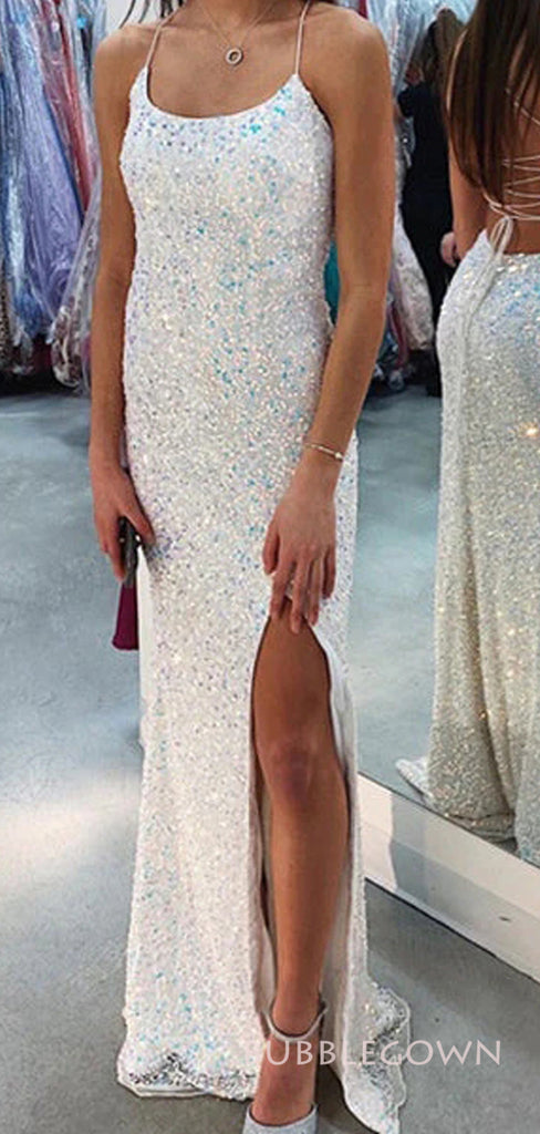 White Sequins Spaghetti Straps Mermaid Long Evening Prom Dresses, Side Slit Custom Prom Dress, BGS0297