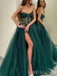 Dark Green A-line Tulle Long Evening Prom Dresses, Sweetheart Prom Dress, BGS0300