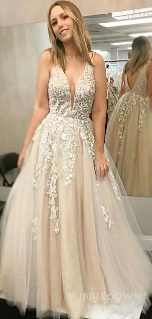 Champagne Tulle Appliques V-neck Long Evening Prom Dresses, A-line Custom Prom Dresses, BGS0304