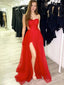 Red Tulle A-line Strapless Long Evening Prom Dresses, High Slit Custom Prom Dresses, BGS0305