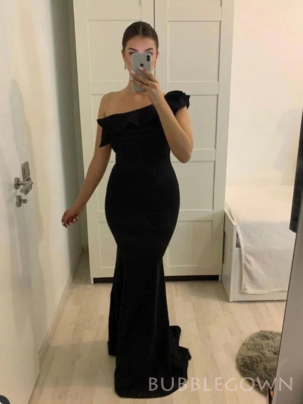 Popular Black Mermaid Long Evening Prom Dresses, One Shoulder Cheap Prom Dress, BGS0308