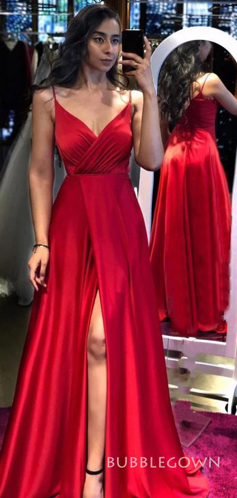 Spaghetti Straps Red Satin V-neck Long Evening Prom Dresses, A-line Custom Prom Dress, BGS0309