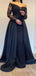 Long Sleeves Off Shoulder Satin Long Evening Prom Dresses, Navy Blue Tulle Appliques Prom Dress, BGS0314