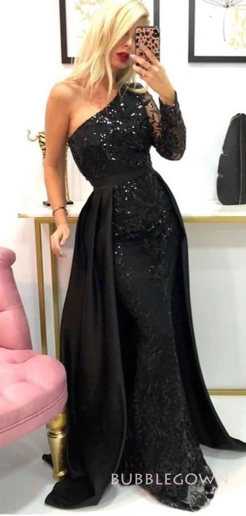 One Shoulder Long Sleeves Mermaid Long Evening Prom Dresses, Formal Appliques Prom Dresses, BGS0316