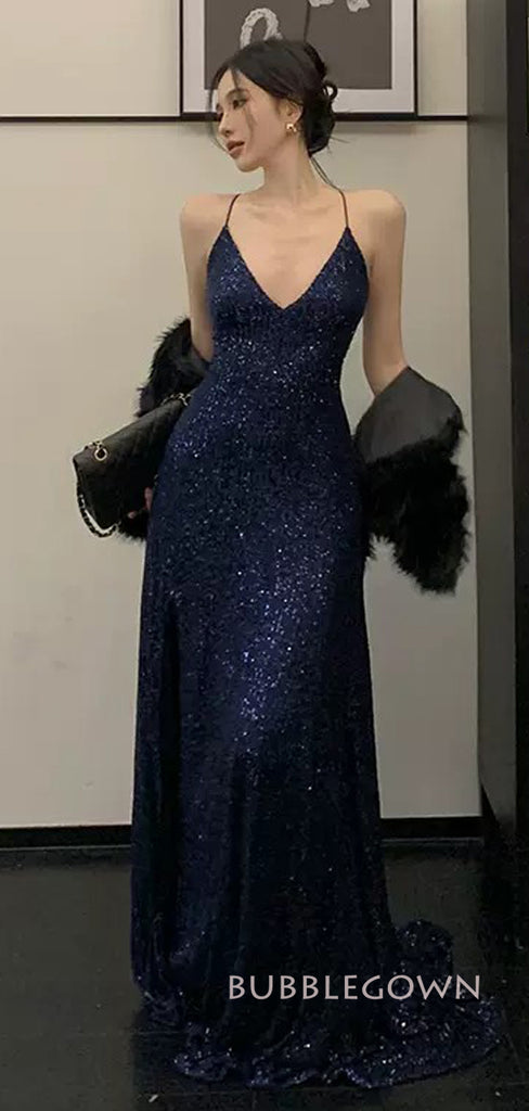 Sexy V-neck Mermaid Spaghetti Straps Navy Blue Sequins Long Evening Prom Dresses, BGS0321