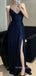 Sexy V-neck Mermaid Spaghetti Straps Navy Blue Sequins Long Evening Prom Dresses, BGS0321