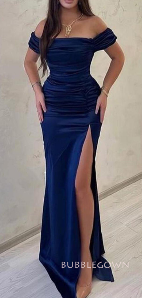 Blue Satin Mermaid Off Shoulder Long Evening Prom Dresses, BGS0325