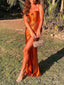 Burnt Orange Satin Mermaid Side Slit Long Evening Prom Dresses, BGS0327