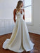 V-neck Ivory Satin A-line Long Wedding Dresses, BGS0353