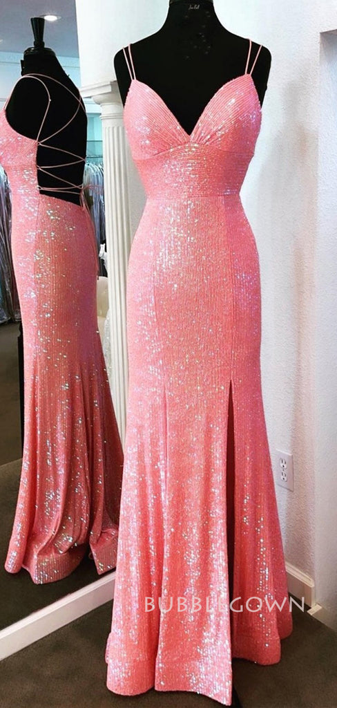 Hot Pink Sequins V-neck Mermaid Long Evening Prom Dresses, Side Slit Prom Dress, BGS0377