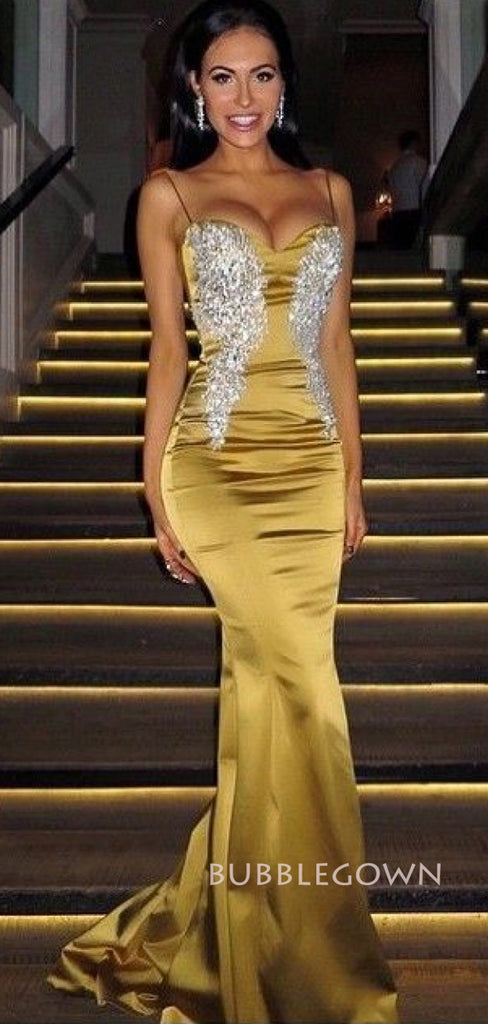 Formal Spaghetti Straps Satin Appliques Mermaid Long Evening Prom Dresses, BGS0378