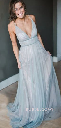A-line Dusty Tulle V-neck Long Evening Prom Dresses, BGS0385