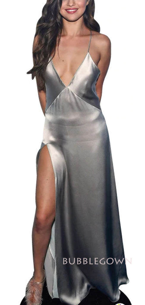 Deep V-neck Satin High Slit Long Evening Prom Dresses, BGS0402