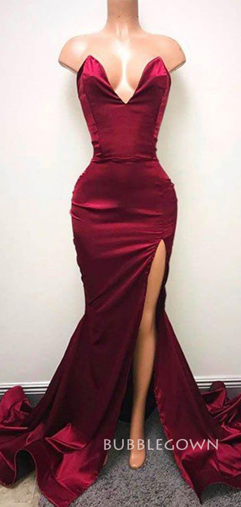 Sweetheart Mermaid Satin Long Prom Dresses, Strapless Side Slit Prom Dress, BGS0414