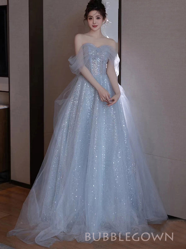 Off Shoulder Blue Tulle Sequins Long Prom Dresses, A-line Prom Dress, BGS0417