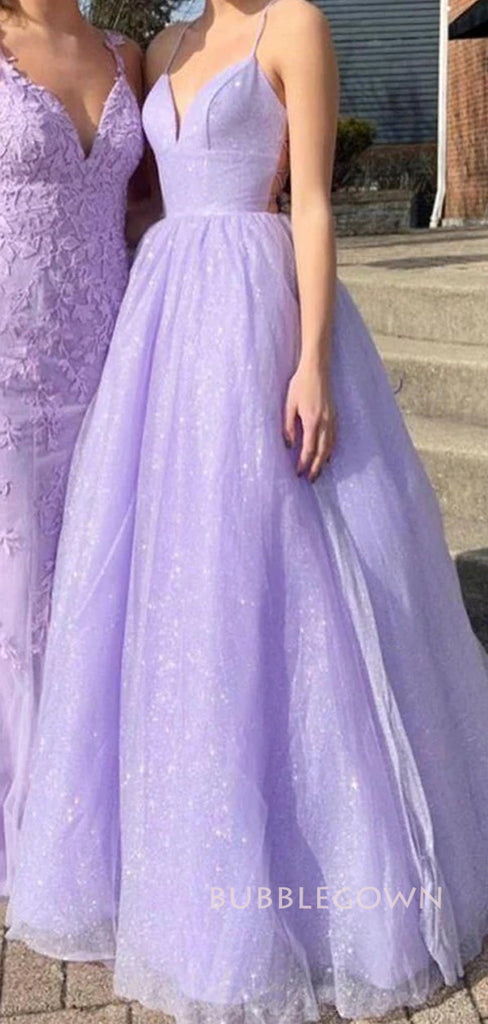 Gorgeous Purple Tulle Spaghetti Straps Long Prom Dresses, A-line Prom Dress, BGS0421