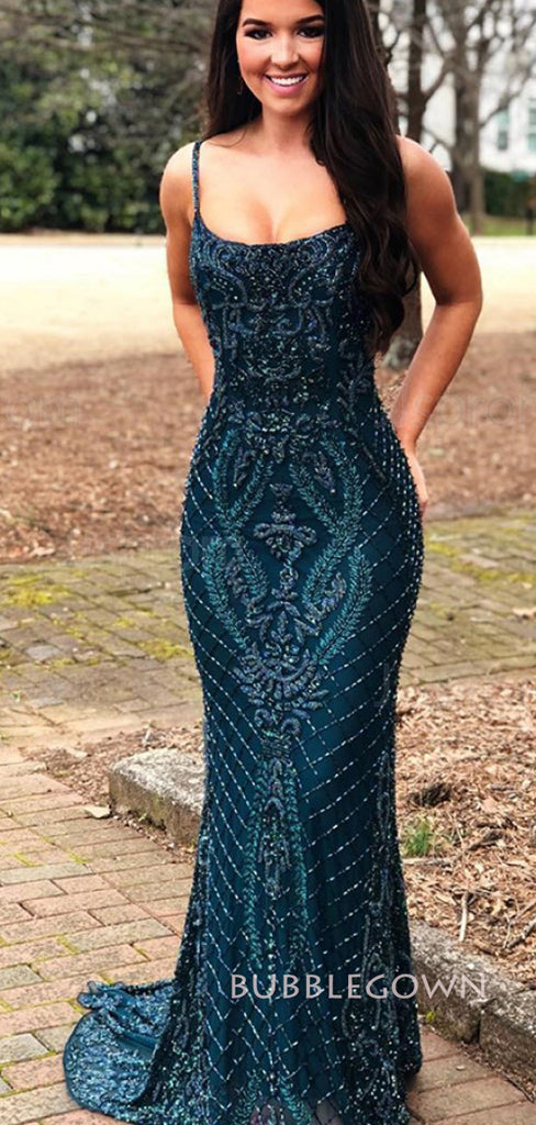 Mermaid Navy Blue Appliques Beaded Long Prom Dresses, BGS0426