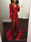 Red Satin Long Sleeves Side Slit Long Prom Dresses, V-neck Prom Dress, BGS0431