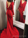 Red Satin Long Sleeves Side Slit Long Prom Dresses, V-neck Prom Dress, BGS0431