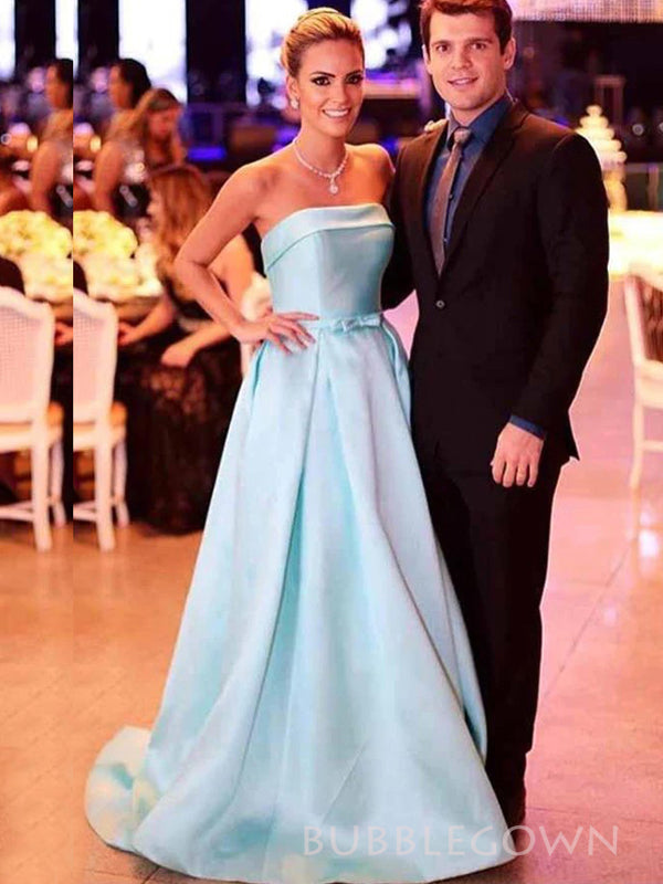 Strapless Blue Satin A-line Long Prom Dresses, BGS0433