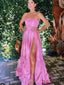 A-line High Slit Satin Strapless Long Prom Dresses, BGS0435