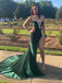 Dark Green Velvet Beaded Mermaid Long Prom Dresses, V-neck Prom Dress, BGS0436