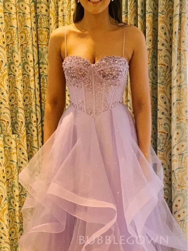 Lilac Tulle Beaded A-line Long Prom Dresses, Spaghetti Straps Prom Dress, BGS0443