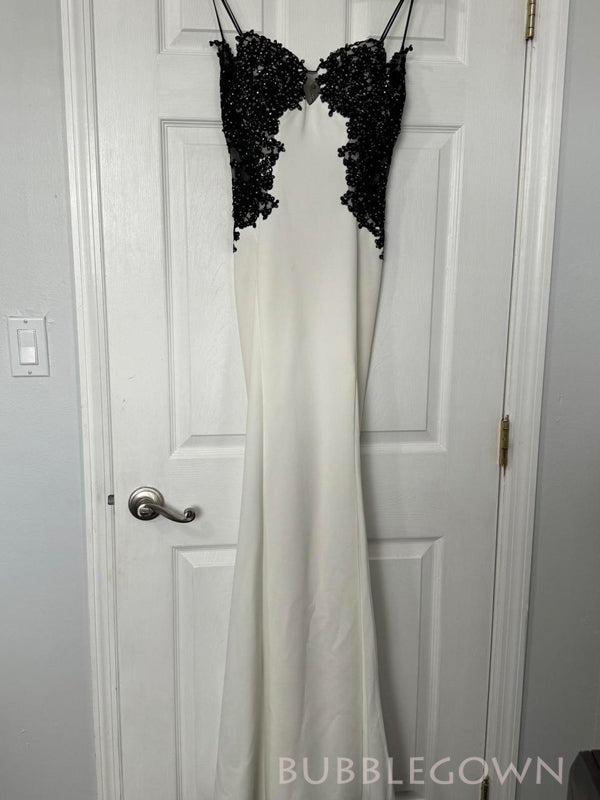 Spaghetti Straps Ivory Mermaid Black Appliques Long Prom Dresses, BGS0452