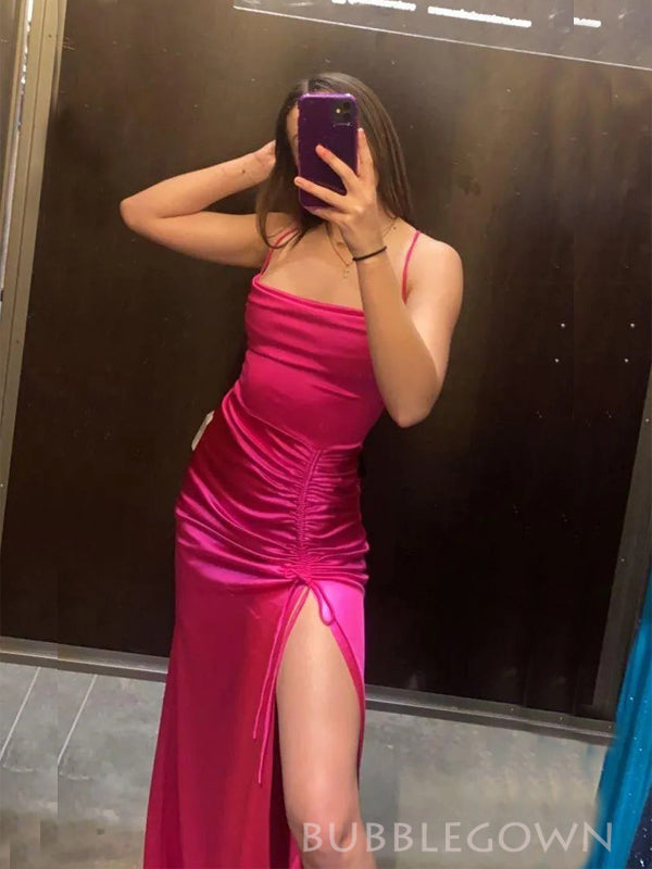 Gorgeous Side Slit Hot Pink Mermaid Long Prom Dresses, BGS0458