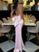 Light Pink Satin Mermaid Long Prom Dresses, Bateau Spaghetti Straps Prom Dress, BGS0472