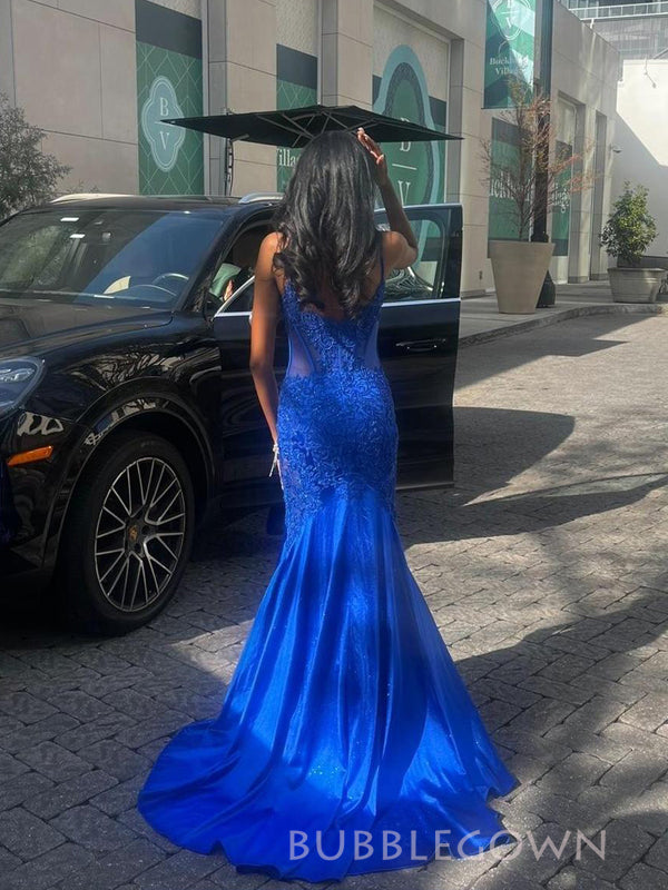 Royal Blue Appliques Mermaid Long Prom Dresses, V-neck Formal Prom Dress, BGS0475