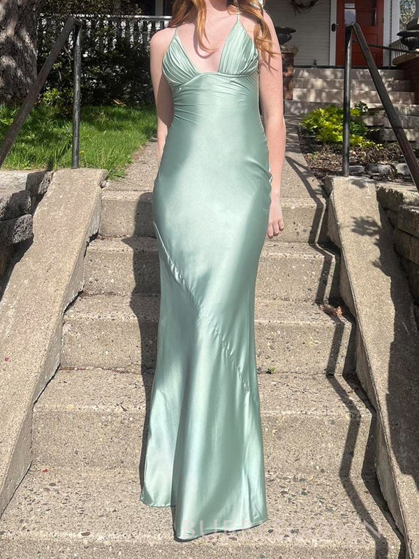 Sage Green Satin Mermaid Spaghetti Straps V-neck Long Prom Dresses, BGS0487