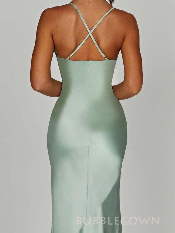 Sage Green Satin Mermaid Spaghetti Straps V-neck Long Prom Dresses, BGS0487