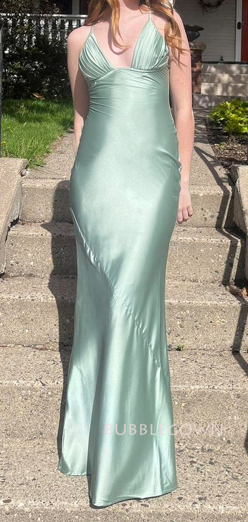 Sage Green Satin Mermaid Spaghetti Straps V-neck Long Prom Dresses, BGS0487