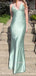 Sage Green Satin Mermaid Spaghetti Straps V-neck Long Prom Dresses, BGS0487