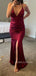 Deep V-neck Mermaid Burgundy Satin Side Slit Long Prom Dresses, BGS0493