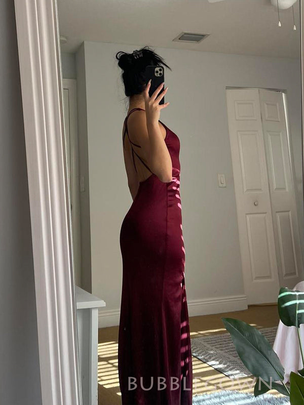 Gorgeous Burgundy Satin Mermaid V-neck Long Prom Dresses, BGS0496