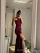 Gorgeous Burgundy Satin Mermaid V-neck Long Prom Dresses, BGS0496