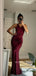 Gorgeous Burgundy Satin Mermaid V-neck Long Prom Dresses, BGS0496