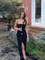 Strapless Black Mermaid Side Slit Simple Long Prom Dresses, BGS0498